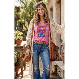 Laurel Burch Blossoms Pink Tank Top Womens M Private Collection Boho Folk Art